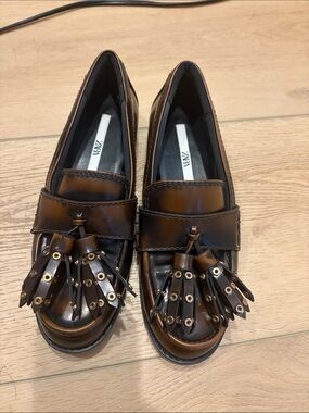 Zara Brown Leather Tassel Loafers for Women